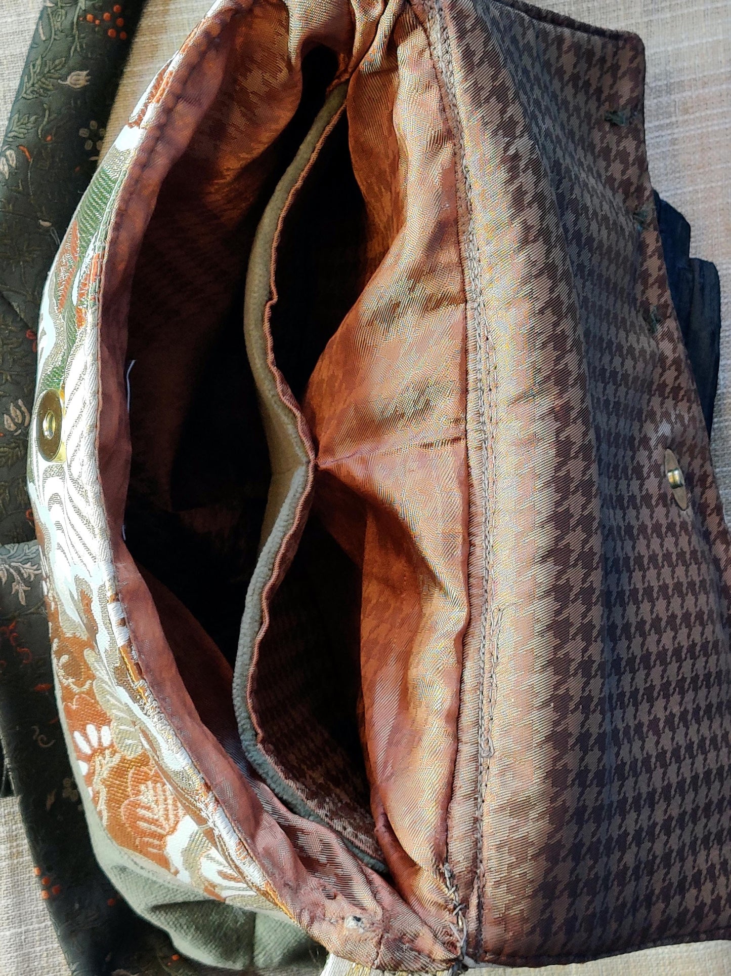 Handmade Messenger Bag (9" x 12"), featuring Japanese obi fabric, vintage Oscar de la Renta Tie strap