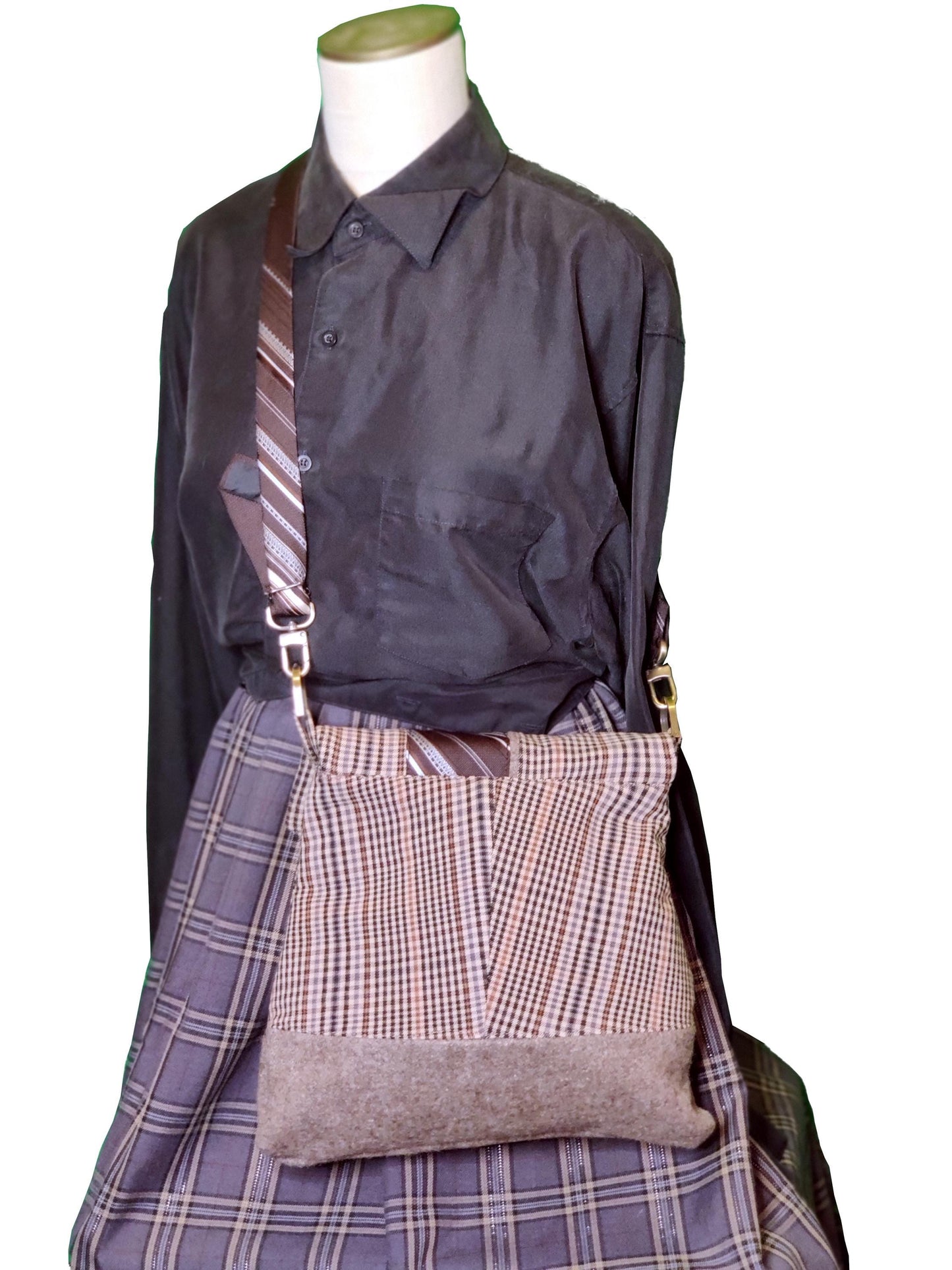 Handmade Messenger Bag (9" x 12"), brown plaid, vintage Oscar de la Renta tie strap