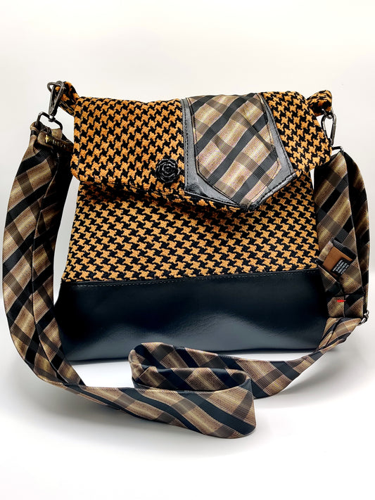 Handmade Messenger Bag (9" x 12"), featuring black and tan houndstooth fabric, vintage Imani Uomo tie strap