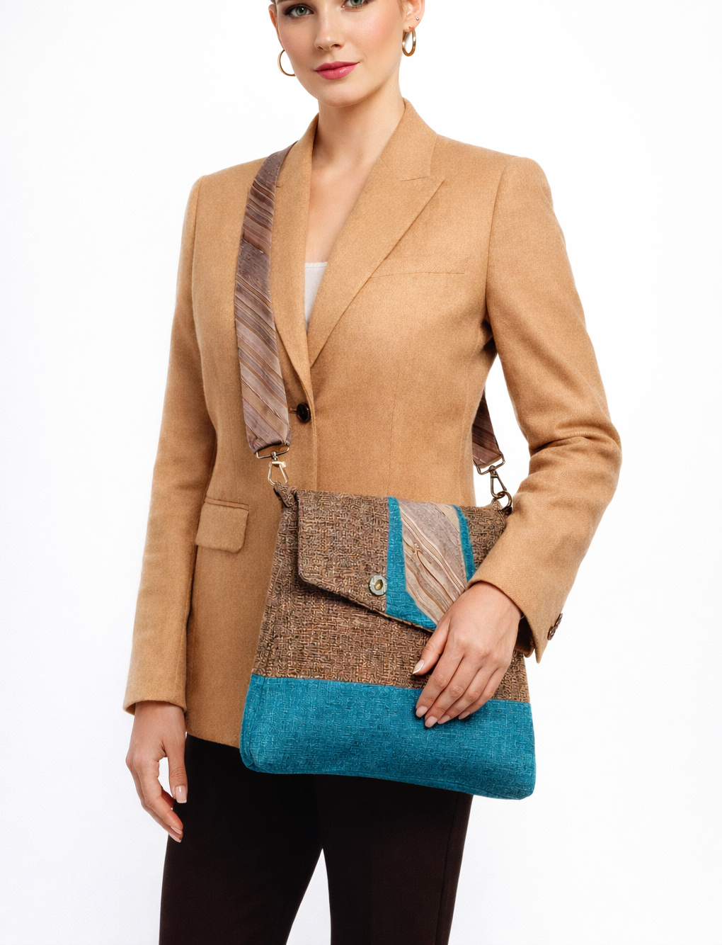 Handmade Messenger Bag (9" x 12"), featuring beige tweed and turquoise fabric, vintage Bronzini tie strap