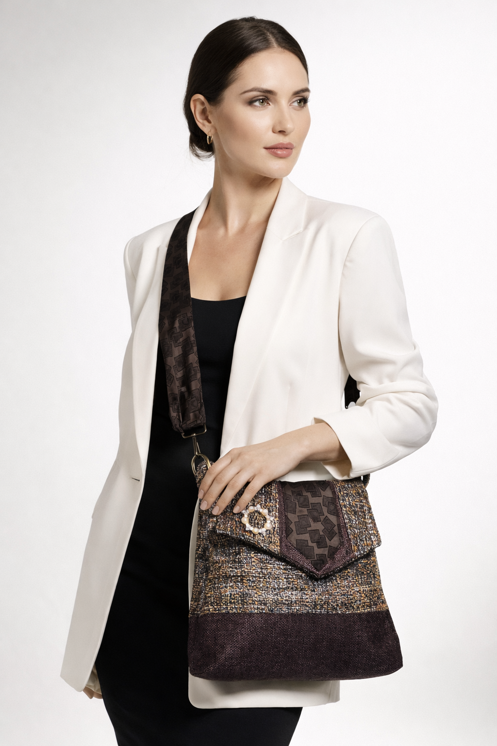 Handmade Messenger Bag (9" x 12"), featuring French woven tweed and lavender, vintage Givenchy tie strap