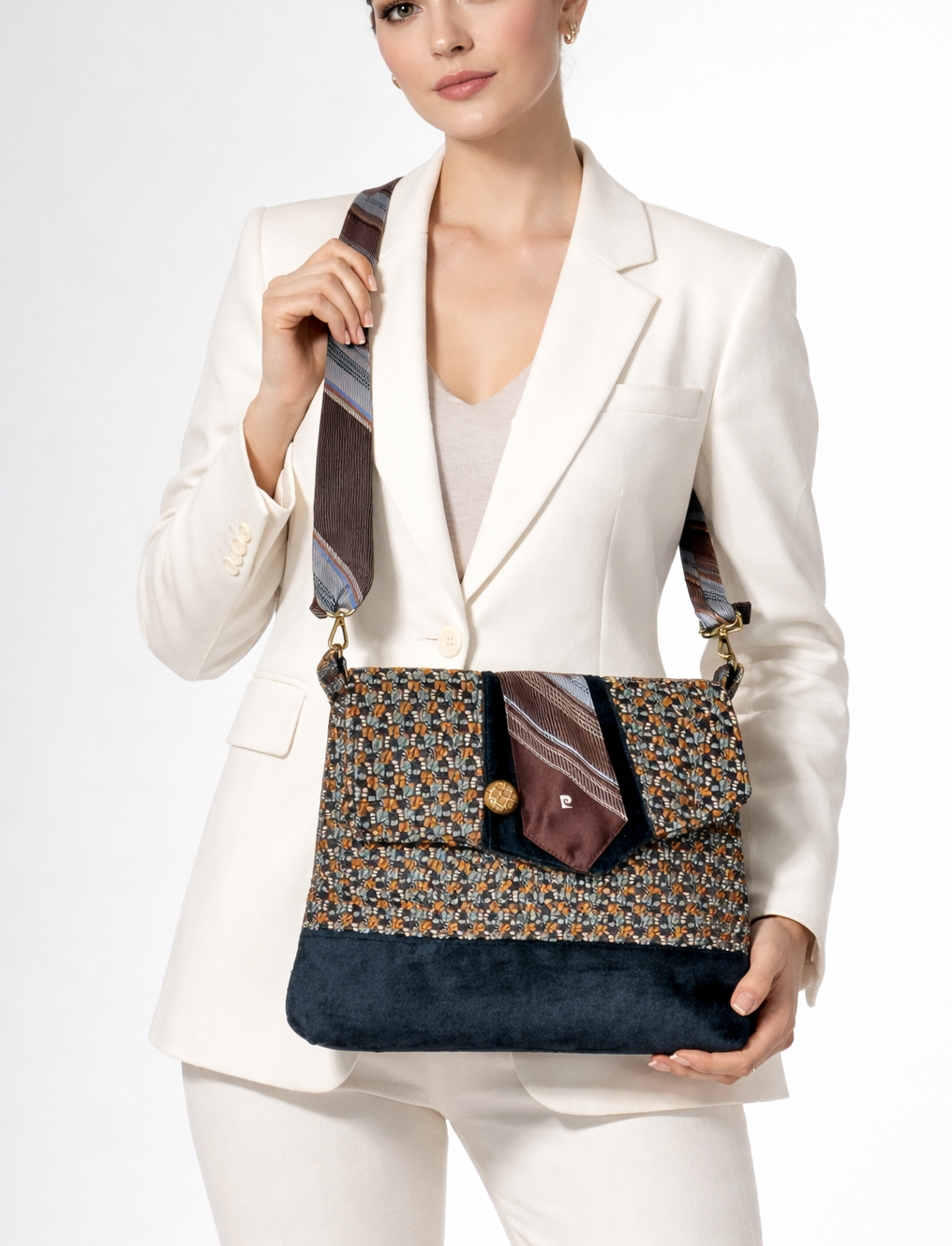 Handmade Messenger Bag (9" x 12"), featuring navy, blue, and gold checkered tweed fabric, vintage Pierre Cardin tie strap