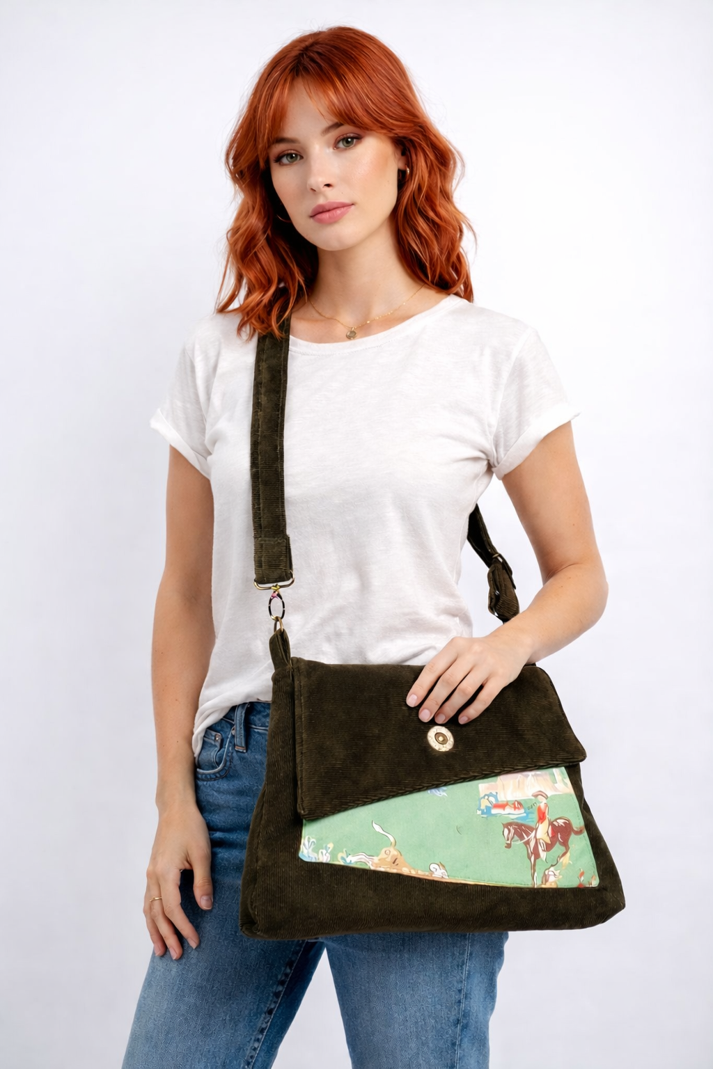 Handmade Western Handbag (9" x 14"), featuring Rodeo Print on Olive Green Corduroy