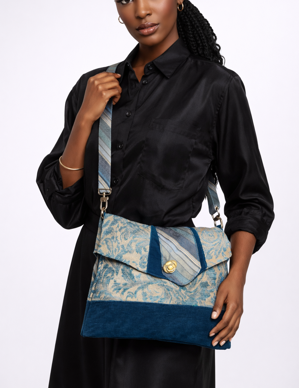 Handmade Messenger Bag (9" x 12"), featuring blue floral design with vintage tie strap