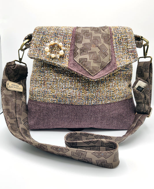 Handmade Messenger Bag (9" x 12"), featuring French woven tweed and lavender, vintage Givenchy tie strap