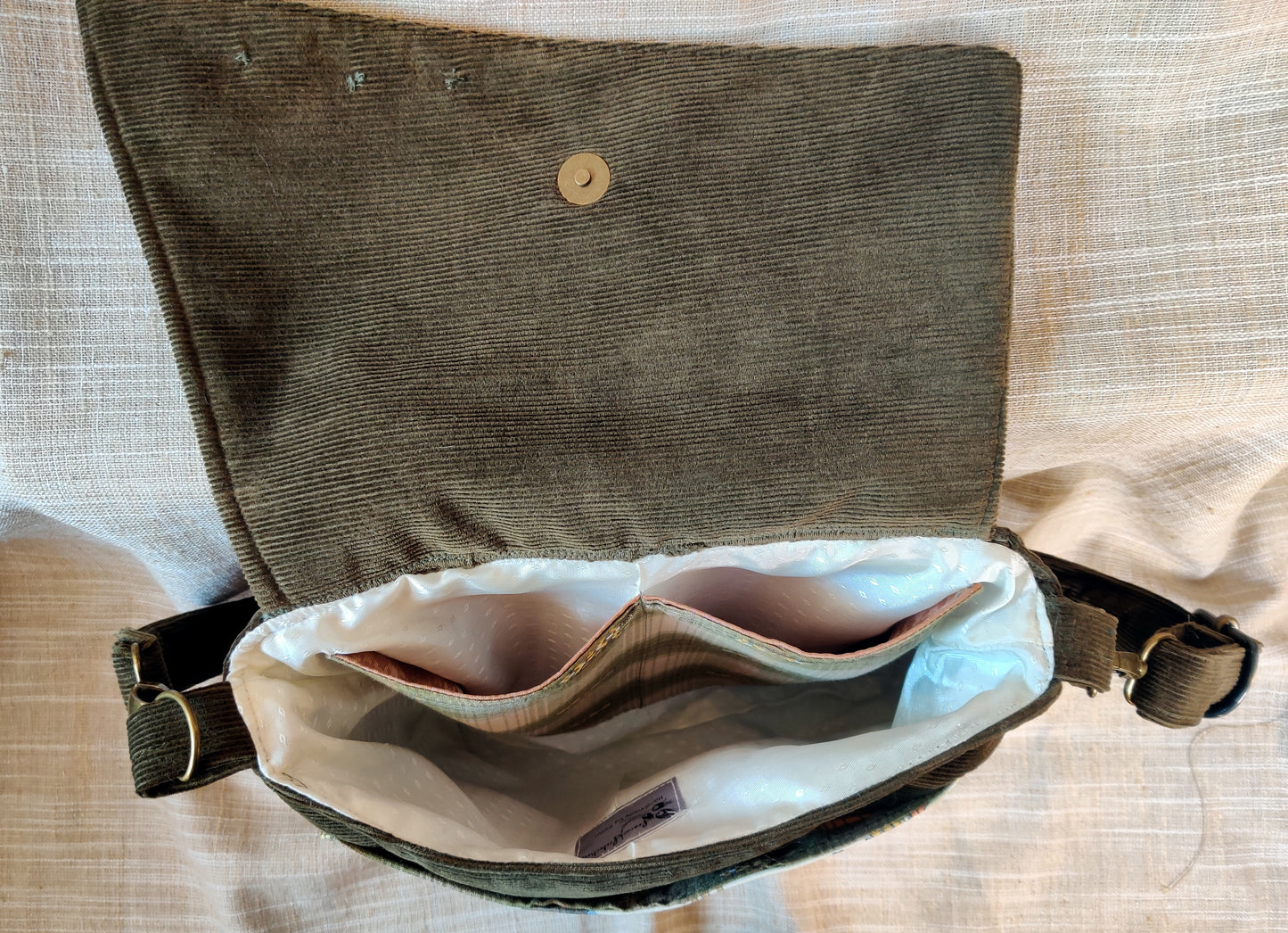 Handmade Western Handbag (9" x 14"), featuring Jurassic Rodeo print on Olive Green Corduroy