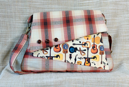 Handmade Western Handbag (9" x 14"), featuring guitar print on orange, brown, and cream plaid