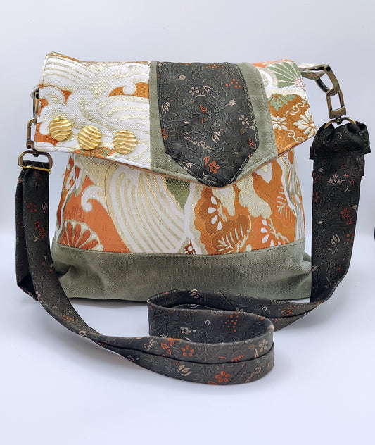 Handmade Messenger Bag (9" x 12"), featuring Japanese obi fabric, vintage Oscar de la Renta Tie strap