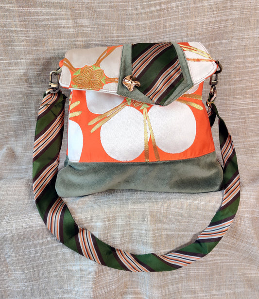 Handmade Messenger Bag (9" x 12"), featuring Japanese silk obi fabric with cherry blossoms, vintage tie strap