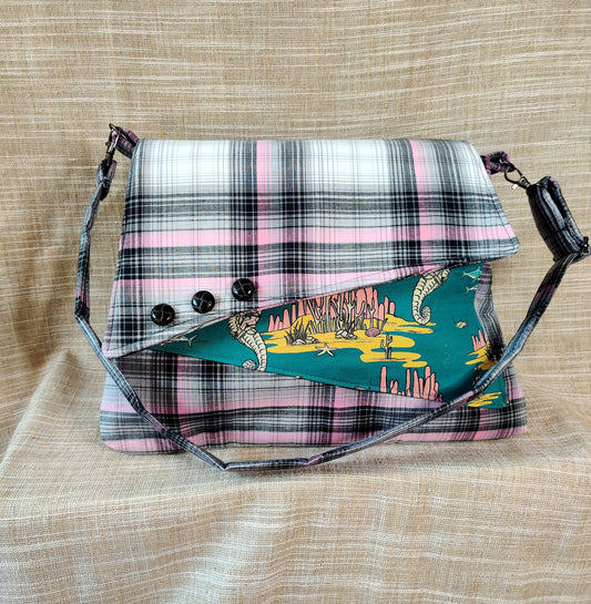 Handmade Western Handbag (9" x 14"), featuring Roping Sharks and Riding Seahorses print on pink and black plaid