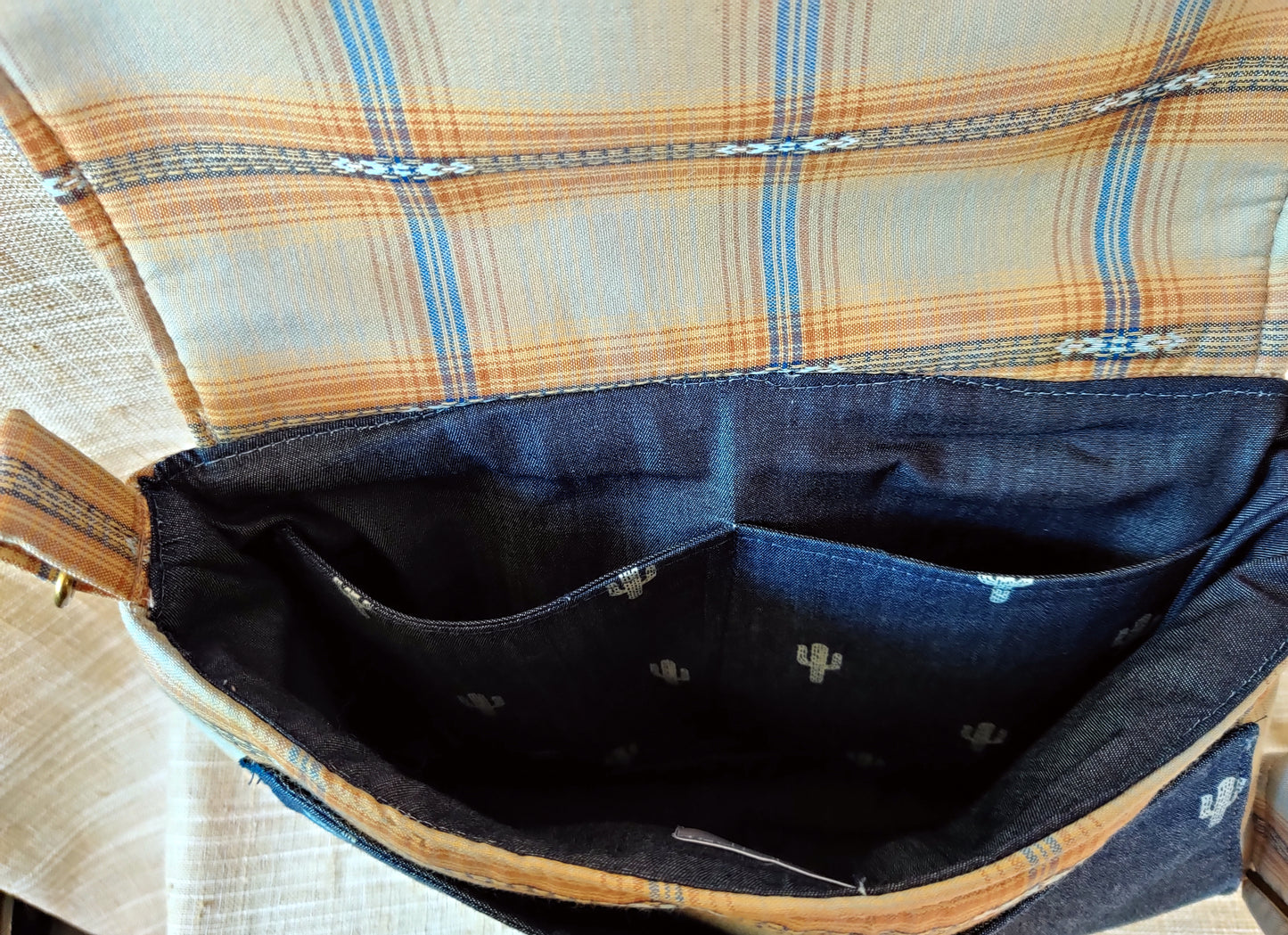 Handmade Western Handbag (9x14"), featuring Saguaro cactus blue jean print on ponderosa plaid