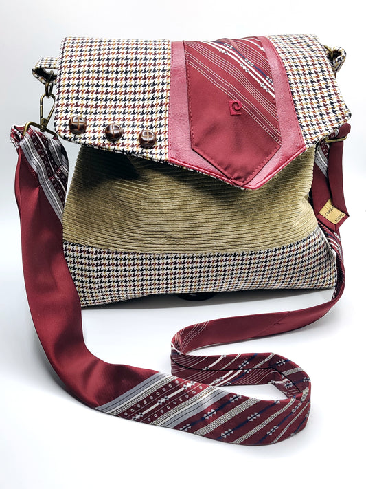 Handmade Messenger Bag (9" x 12"), red hounds tooth and camel corduroy with vintage Pierre Cardin tie strap