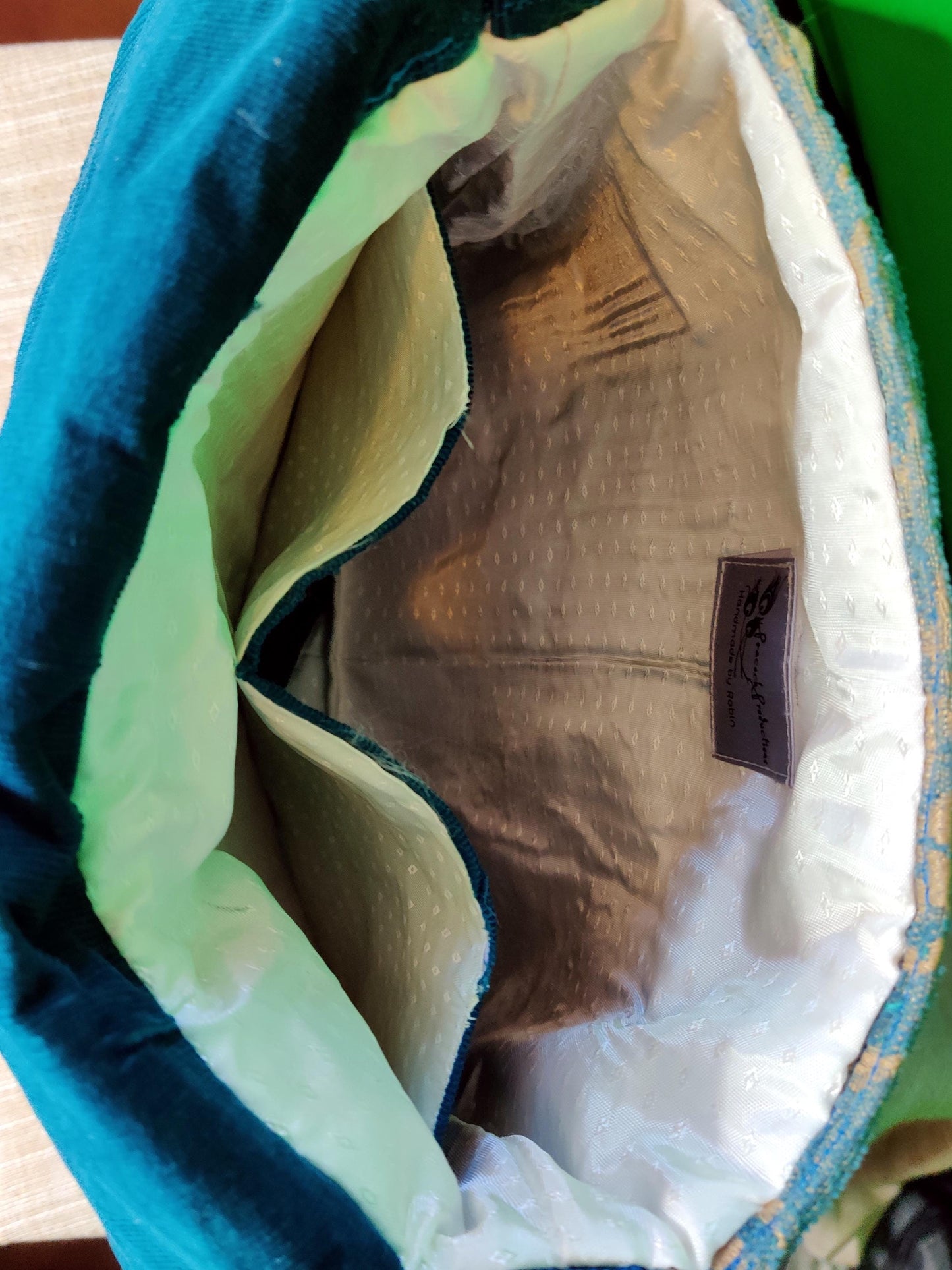 Handmade Messenger Bag (9" x 12"), featuring blue floral design with vintage tie strap