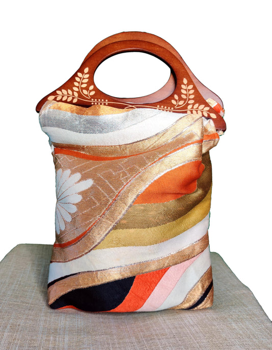 Handmade Wooden Handle Tote Bag (12" x 9"), Japanese obi fabric