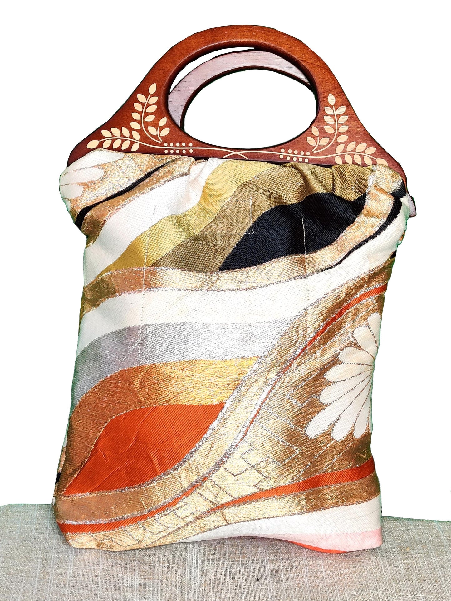 Handmade Wooden Handle Tote Bag (12" x 9"), Japanese obi fabric