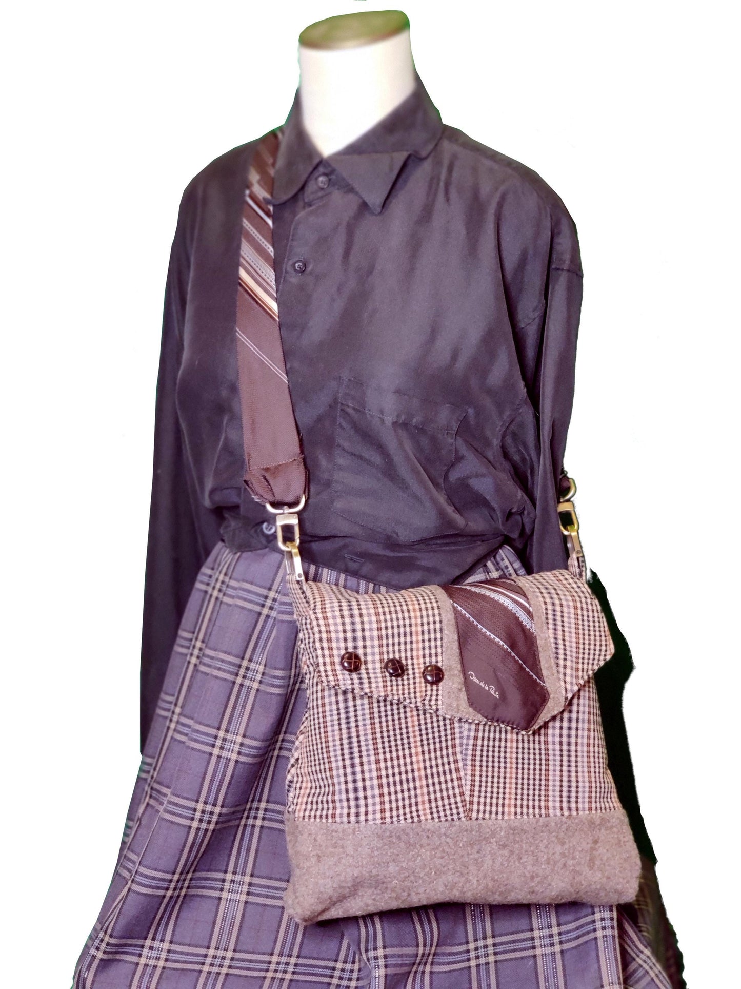 Handmade Messenger Bag (9" x 12"), brown plaid, vintage Oscar de la Renta tie strap