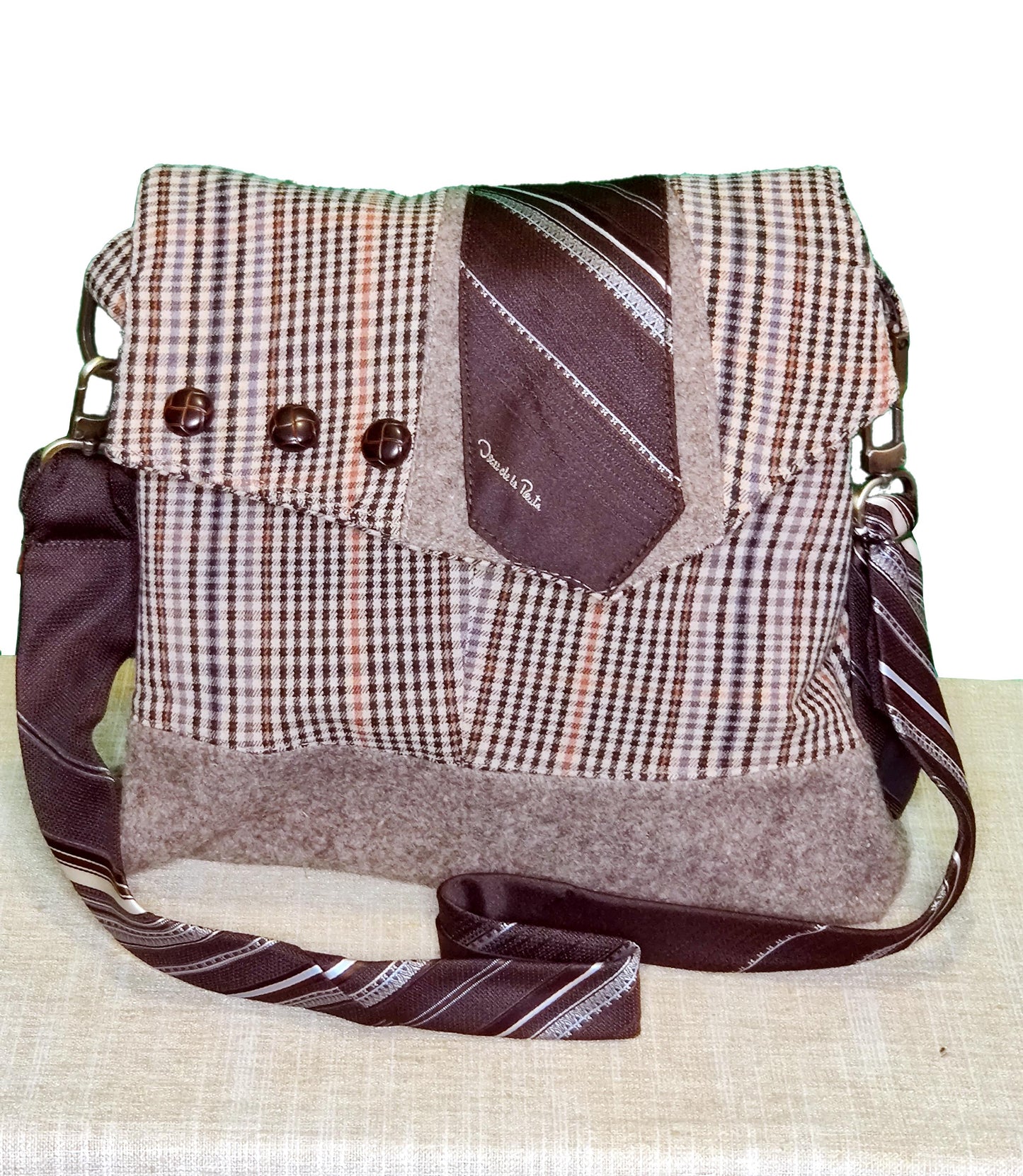 Handmade Messenger Bag (9" x 12"), brown plaid, vintage Oscar de la Renta tie strap