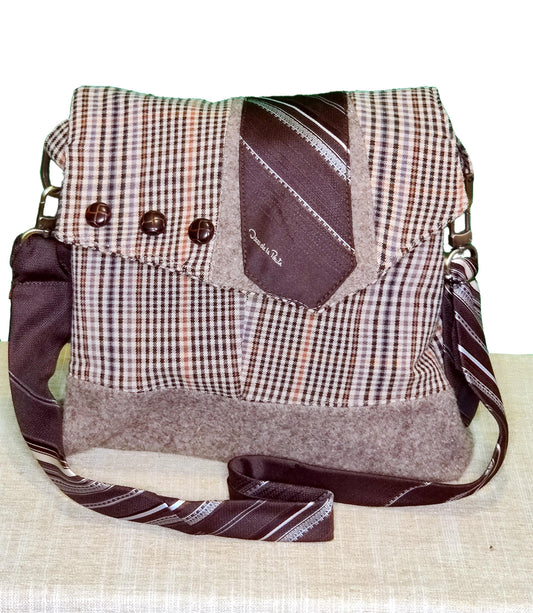 Handmade Messenger Bag (9" x 12"), brown plaid, vintage Oscar de la Renta tie strap