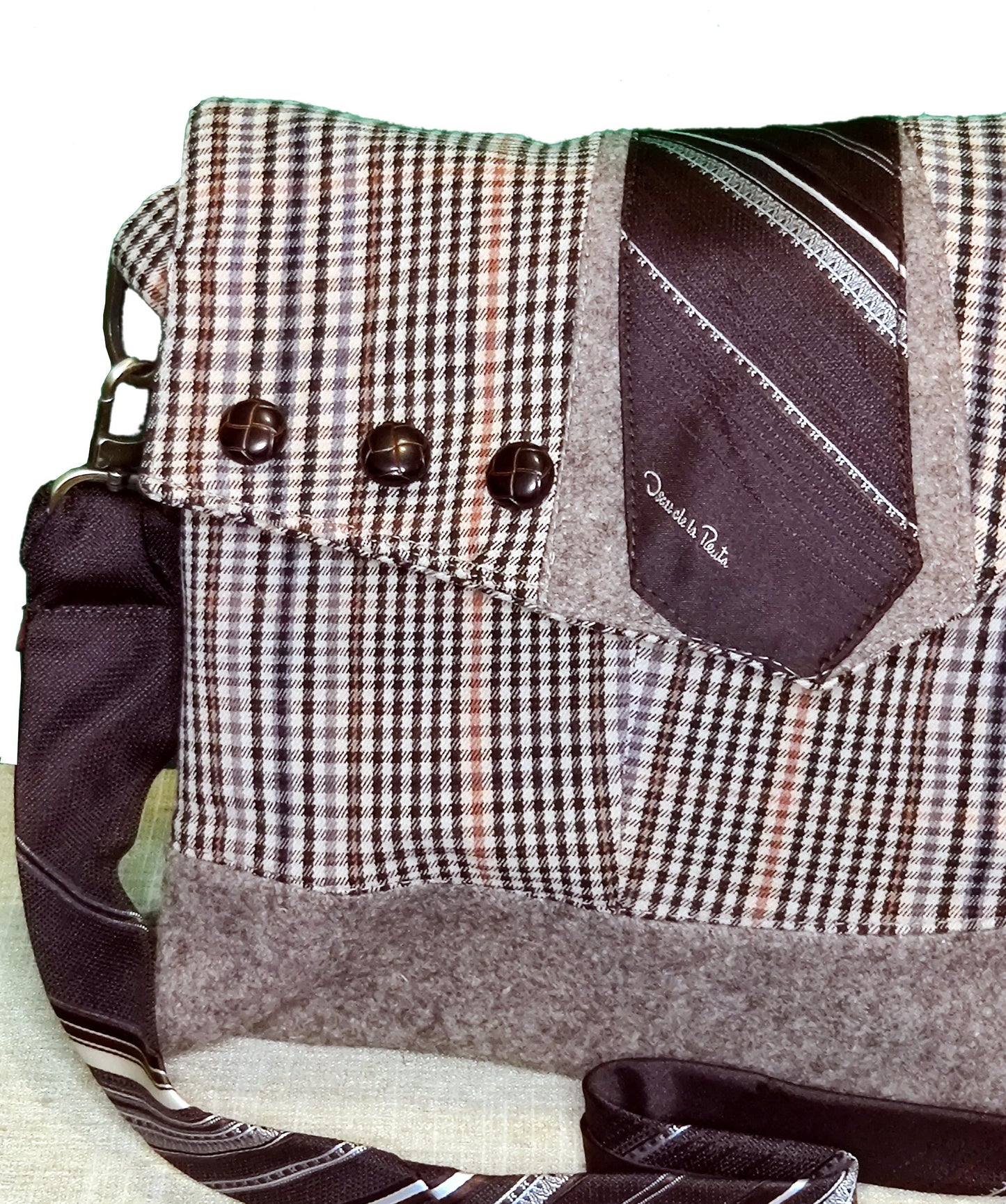 Handmade Messenger Bag (9" x 12"), brown plaid, vintage Oscar de la Renta tie strap