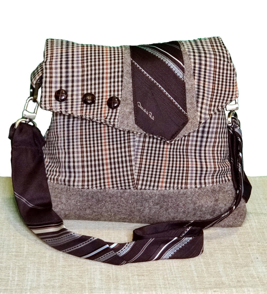 Handmade Messenger Bag (9" x 12"), brown plaid, vintage Oscar de la Renta tie strap