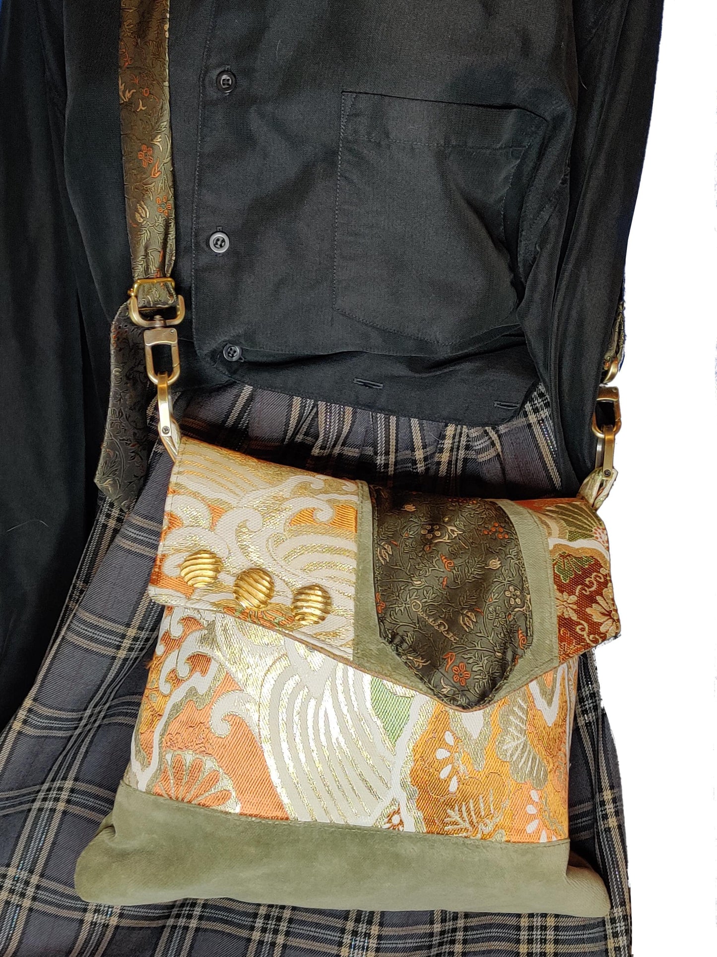 Handmade Messenger Bag (9" x 12"), featuring Japanese obi fabric, vintage Oscar de la Renta Tie strap