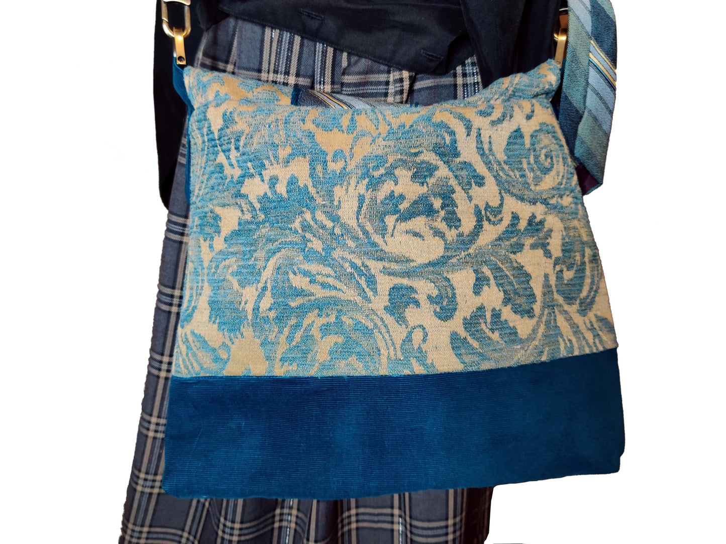 Handmade Messenger Bag (9" x 12"), featuring blue floral design with vintage tie strap