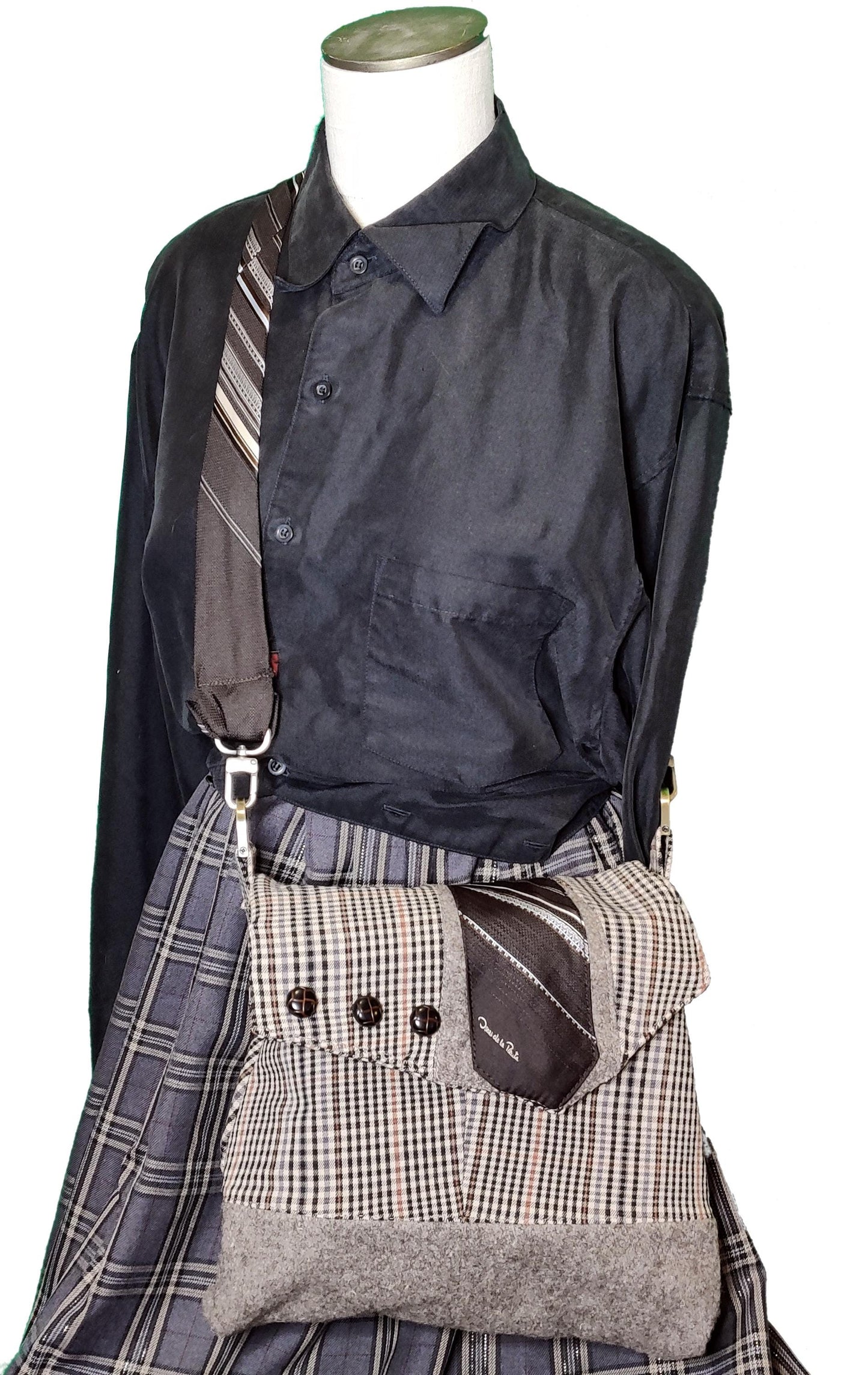 Handmade Messenger Bag (9" x 12"), brown plaid, vintage Oscar de la Renta tie strap