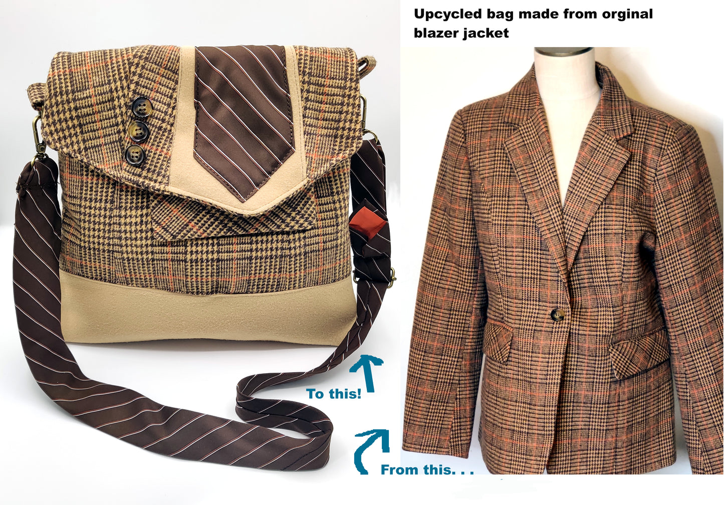 Handmade Messenger Bag (9" x 12"), featuring camel and brown plaid, vintage tie strap