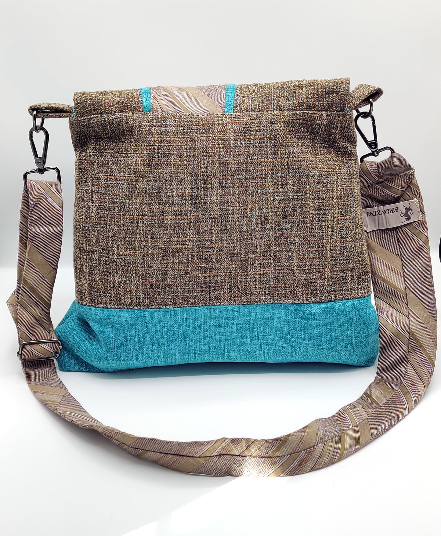 Handmade Messenger Bag (9" x 12"), featuring beige tweed and turquoise fabric, vintage Bronzini tie strap