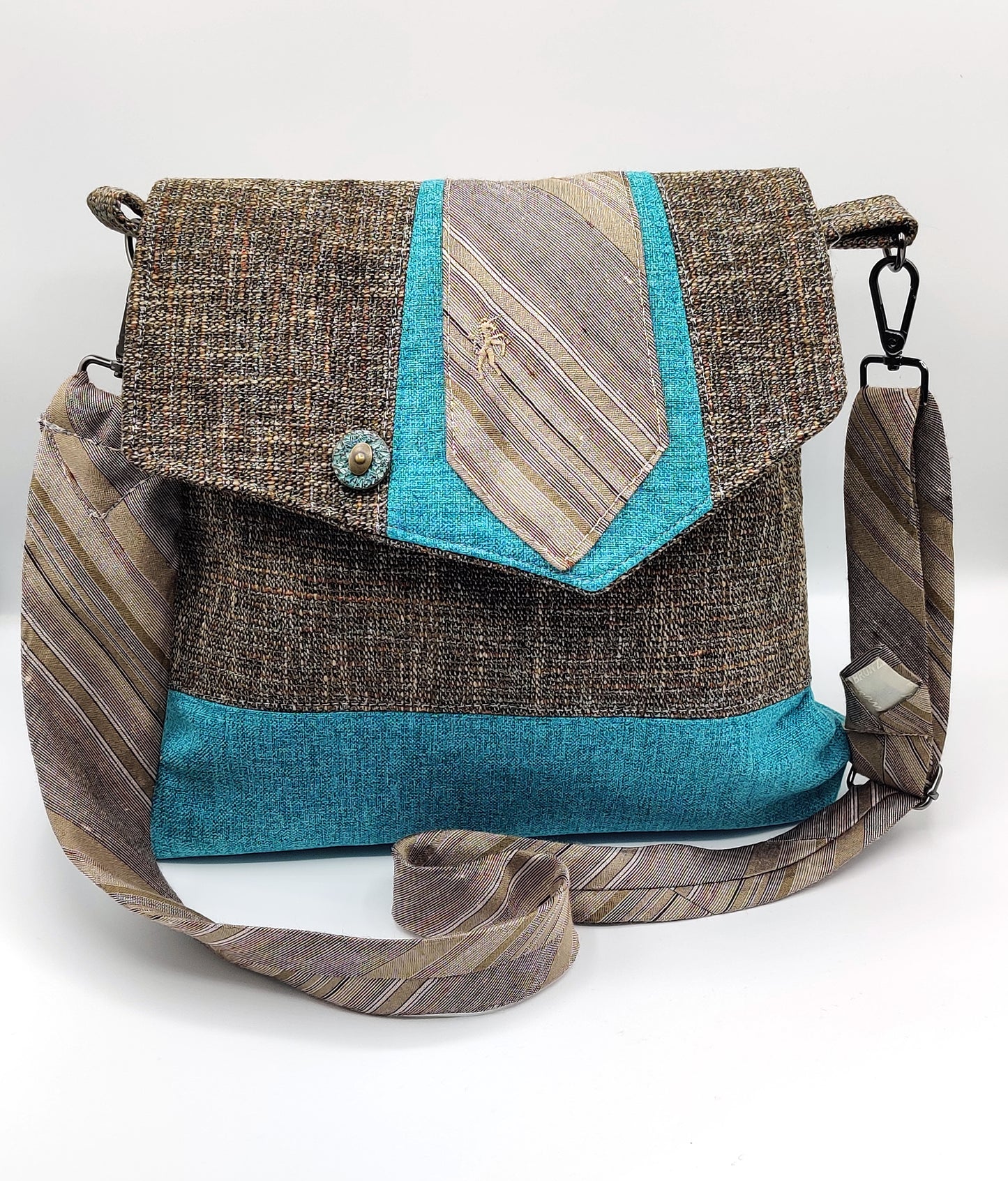 Handmade Messenger Bag (9" x 12"), featuring beige tweed and turquoise fabric, vintage Bronzini tie strap