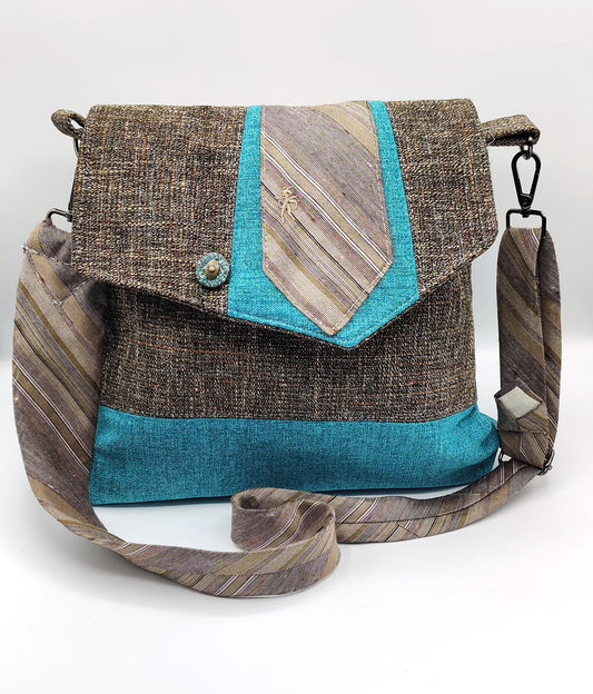 Handmade Messenger Bag (9" x 12"), featuring beige tweed and turquoise fabric, vintage Bronzini tie strap