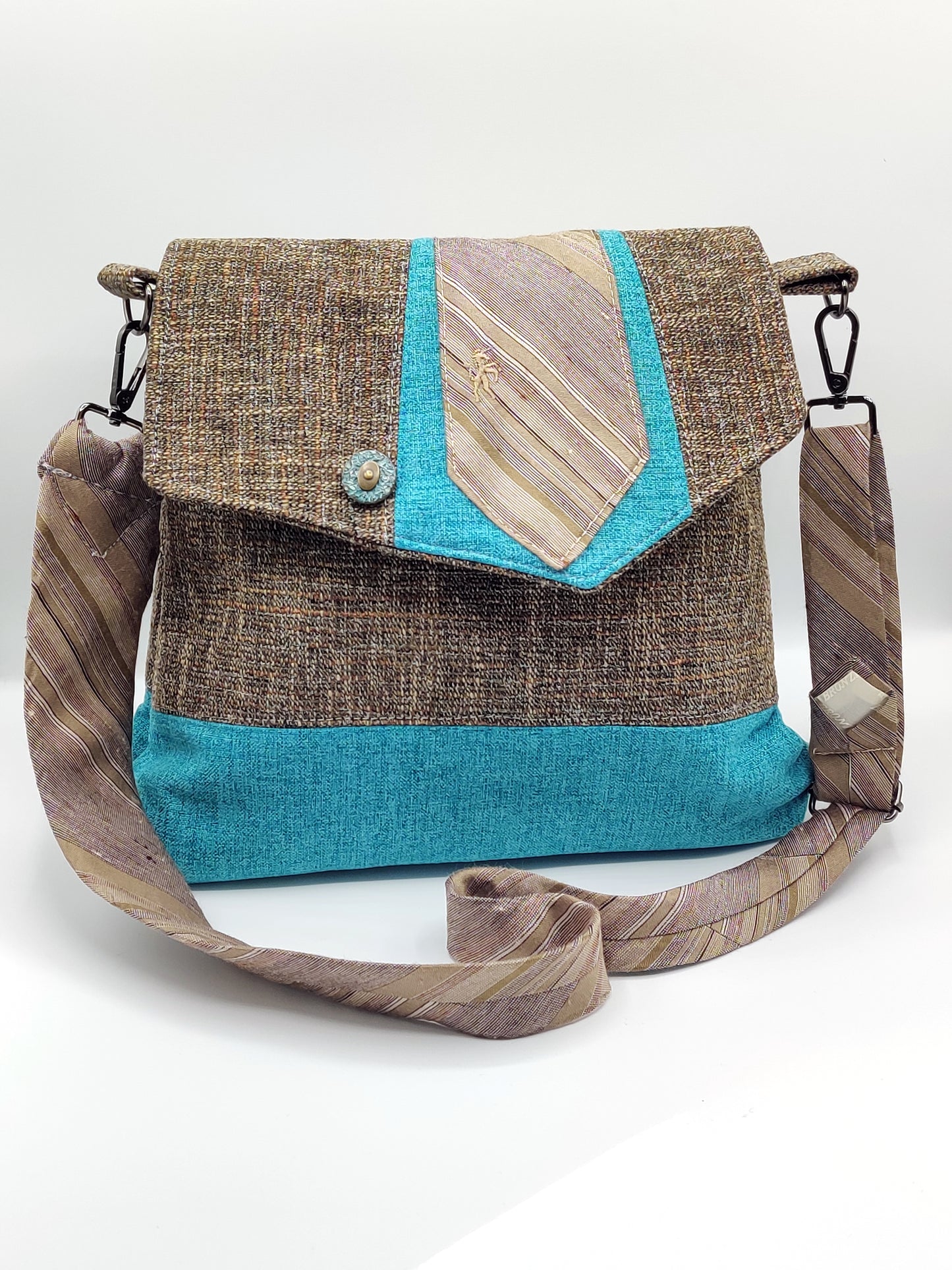 Handmade Messenger Bag (9" x 12"), featuring beige tweed and turquoise fabric, vintage Bronzini tie strap