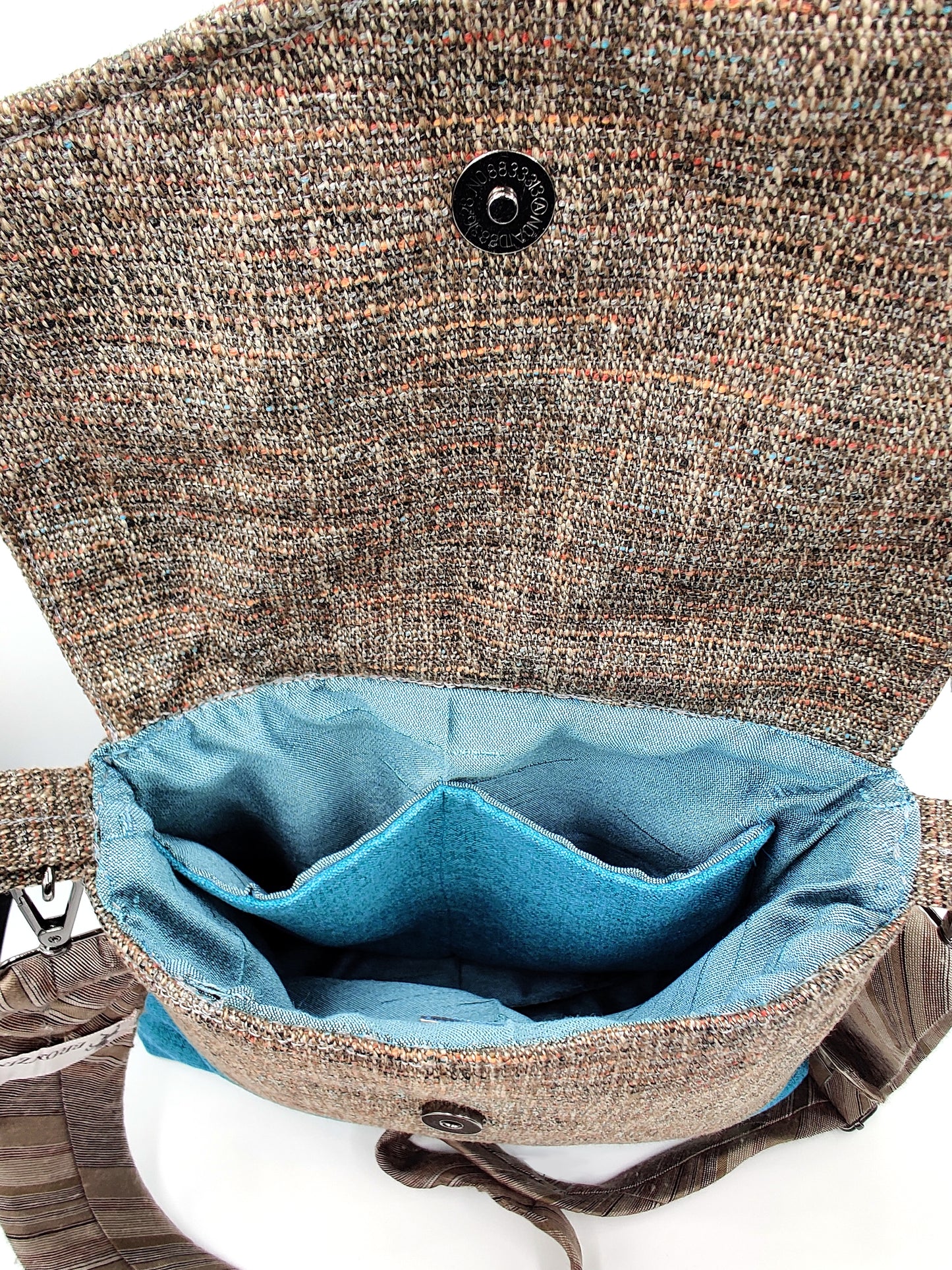 Handmade Messenger Bag (9" x 12"), featuring beige tweed and turquoise fabric, vintage Bronzini tie strap