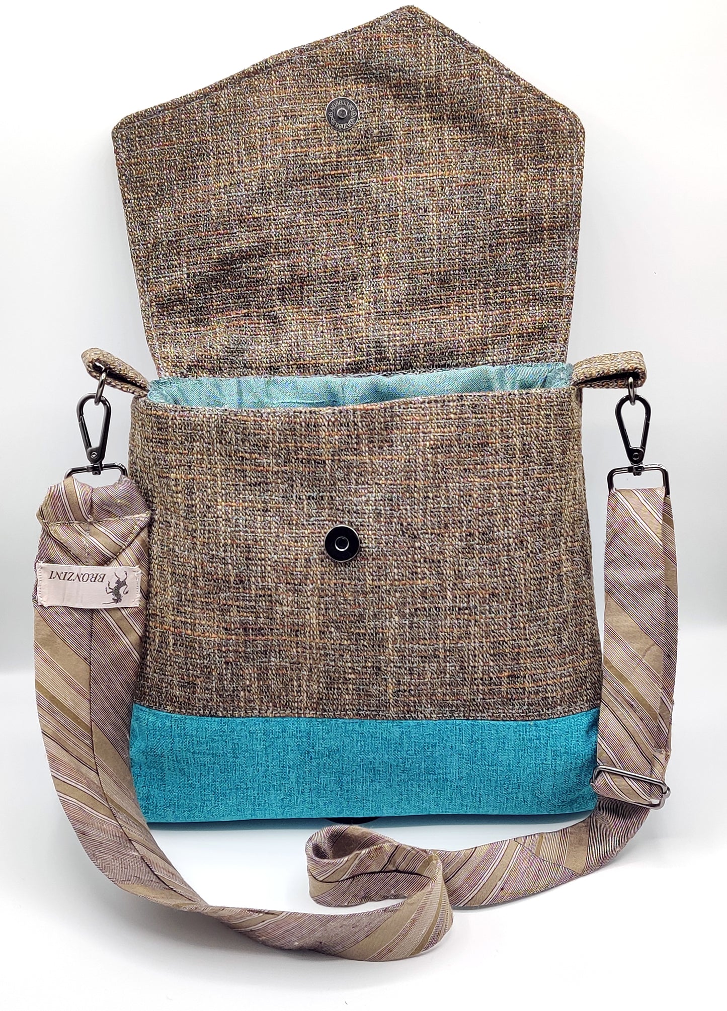 Handmade Messenger Bag (9" x 12"), featuring beige tweed and turquoise fabric, vintage Bronzini tie strap