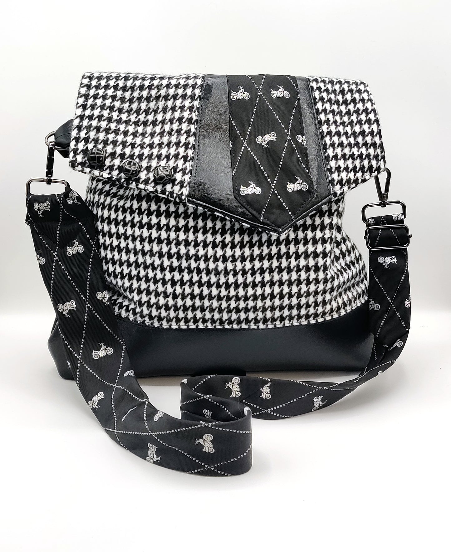 Handmade Messenger Bag (9" x 12"), featuring Black Hounds Tooth and Vintage Motorcycle Tie Strap