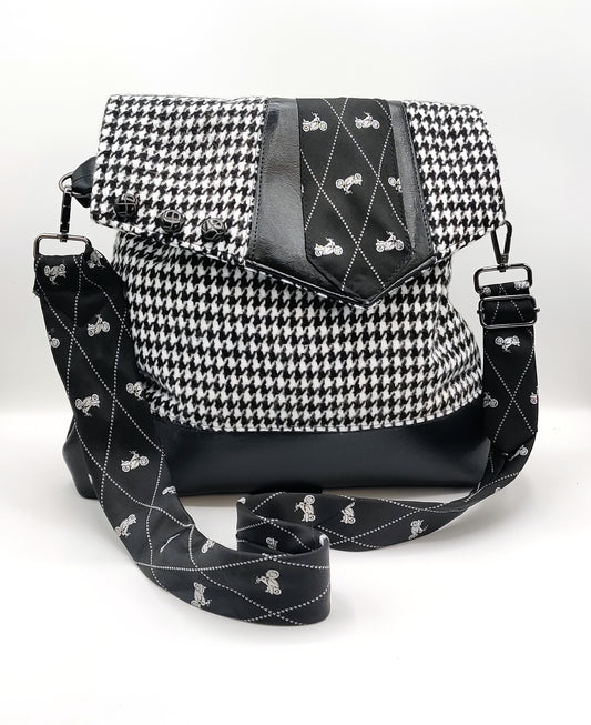Handmade Messenger Bag (9" x 12"), featuring Black Hounds Tooth and Vintage Motorcycle Tie Strap