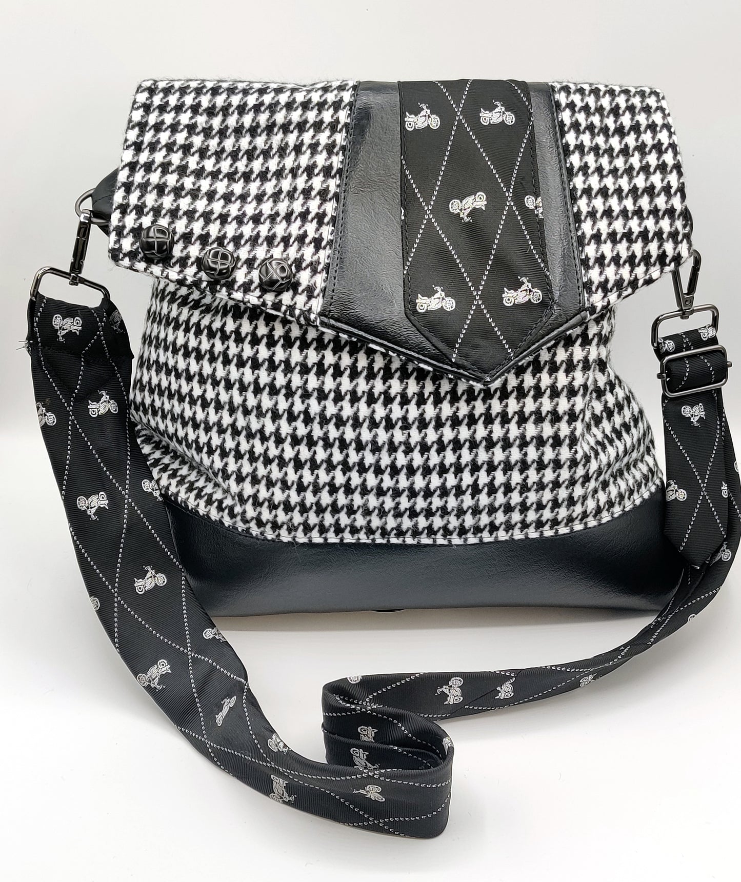 Handmade Messenger Bag (9" x 12"), featuring Black Hounds Tooth and Vintage Motorcycle Tie Strap