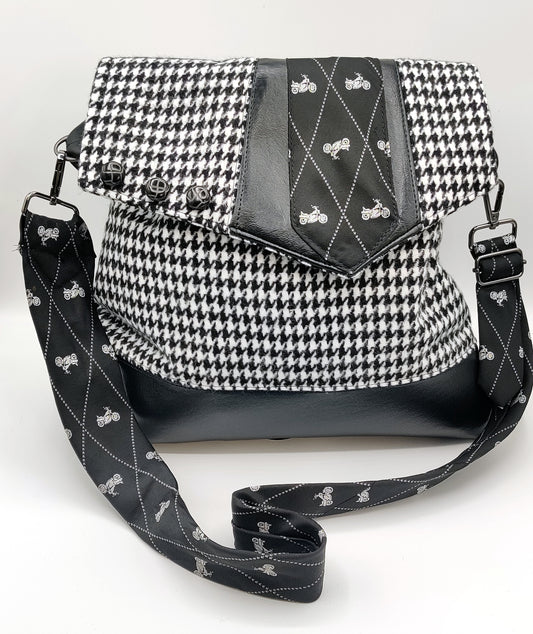 Handmade Messenger Bag (9" x 12"), featuring Black Hounds Tooth and Vintage Motorcycle Tie Strap