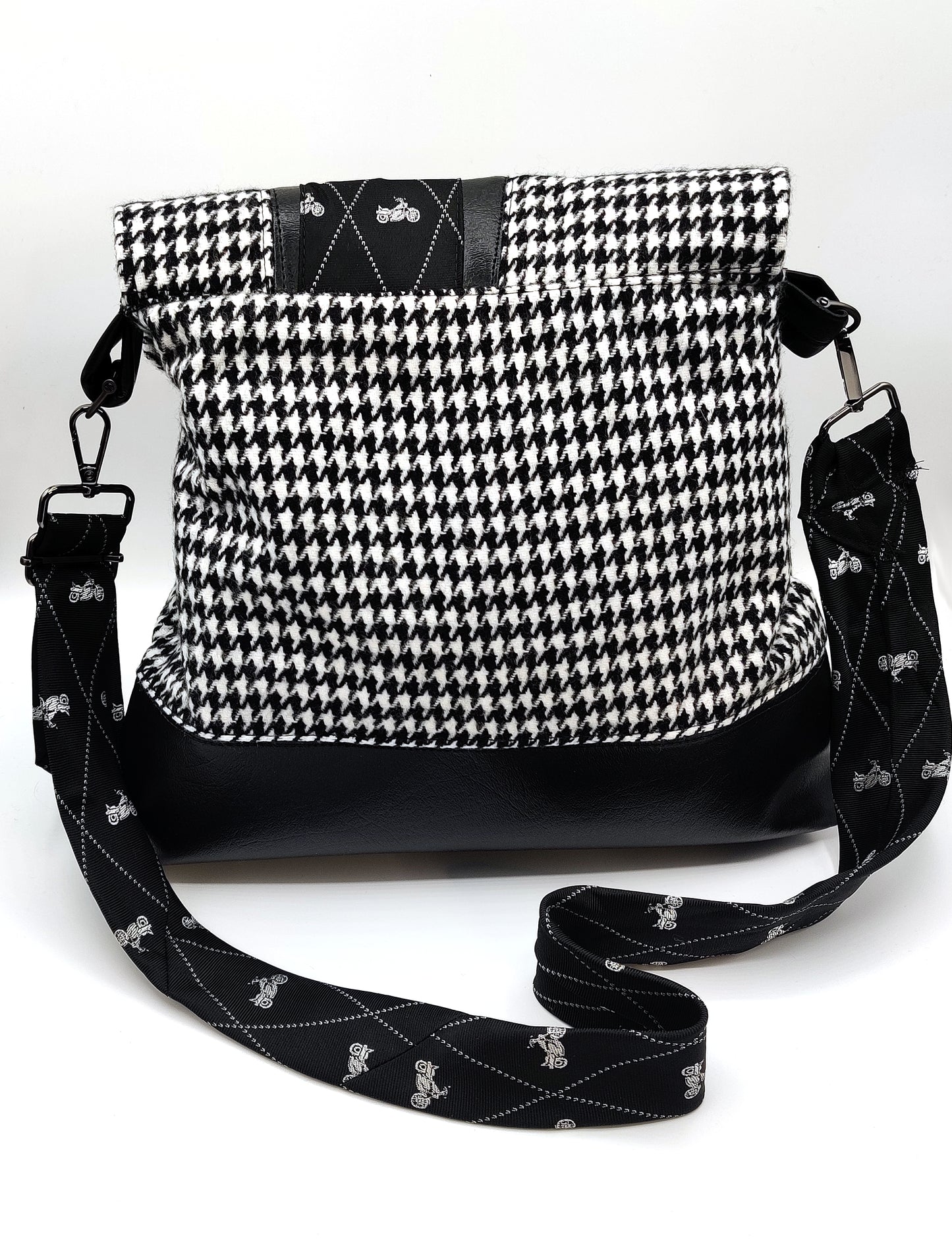 Handmade Messenger Bag (9" x 12"), featuring Black Hounds Tooth and Vintage Motorcycle Tie Strap