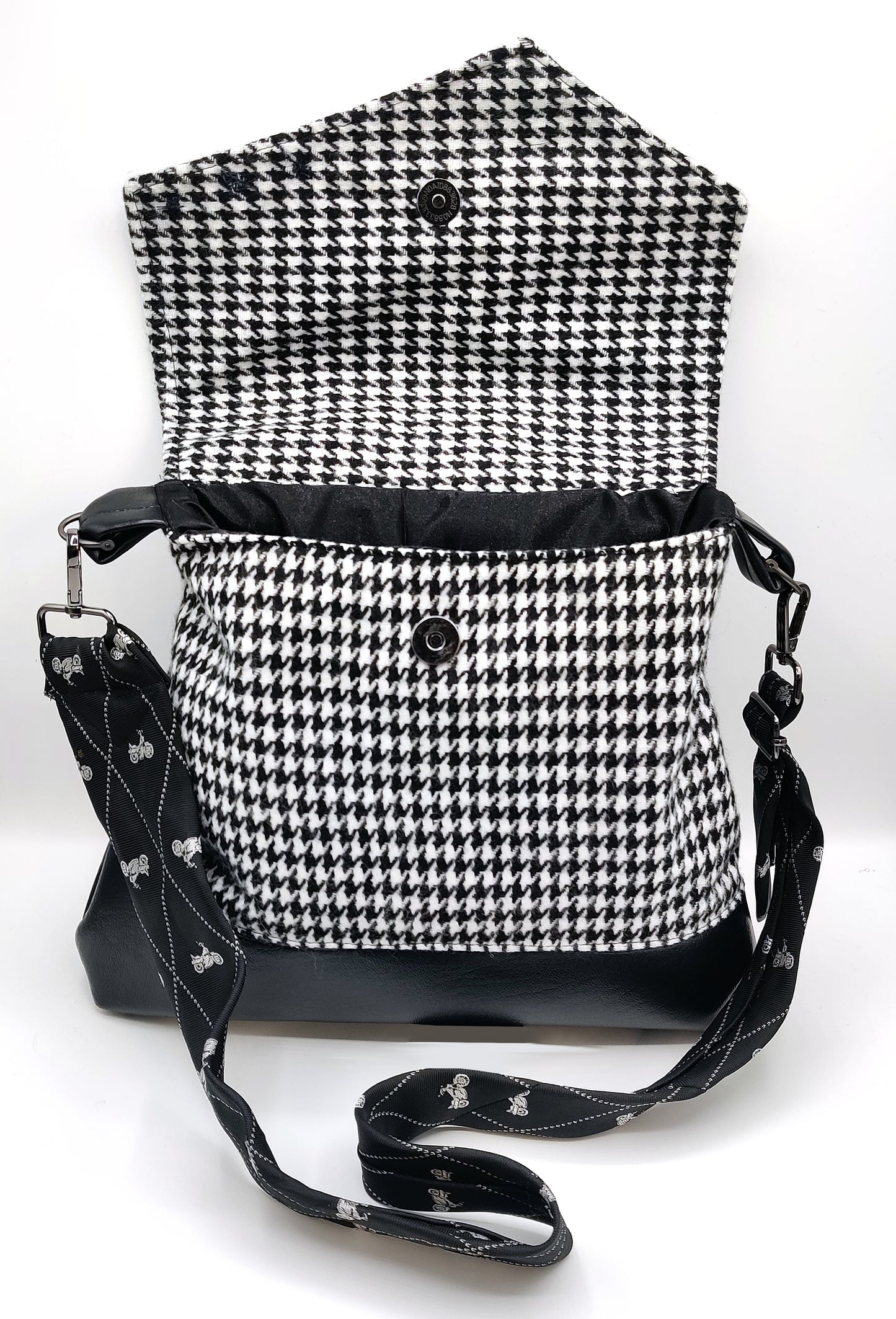 Handmade Messenger Bag (9" x 12"), featuring Black Hounds Tooth and Vintage Motorcycle Tie Strap