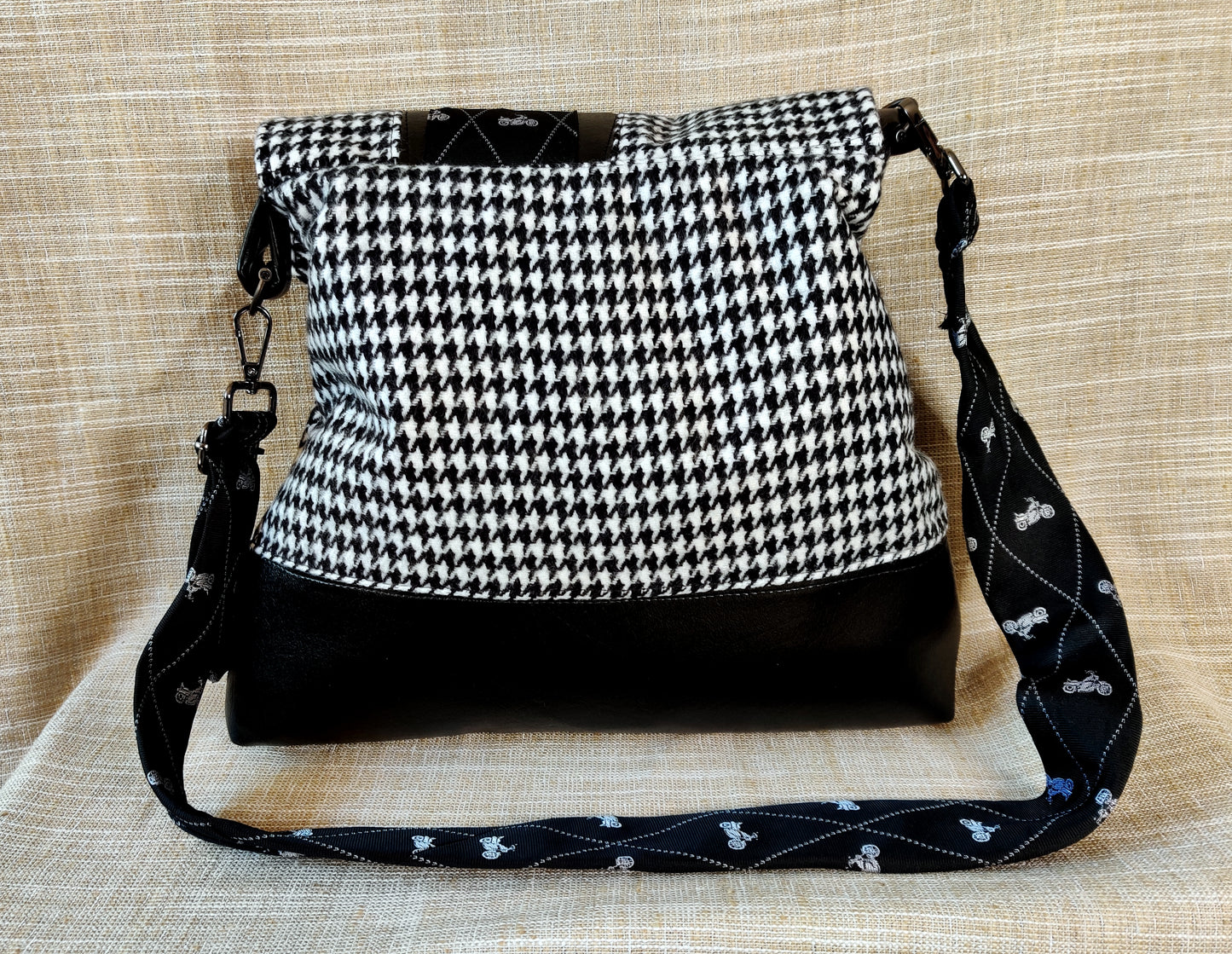 Handmade Messenger Bag (9" x 12"), featuring Black Hounds Tooth and Vintage Motorcycle Tie Strap