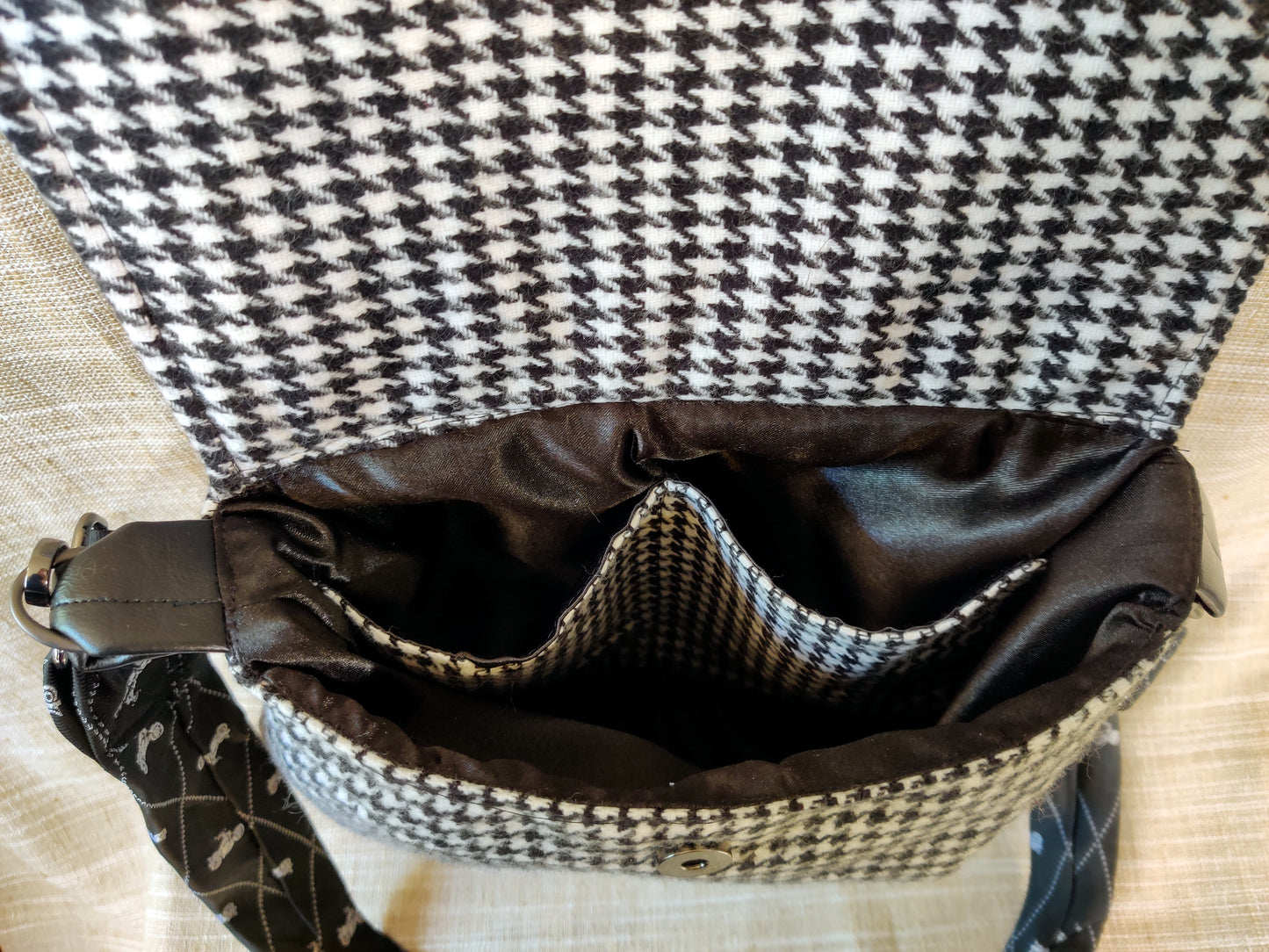Handmade Messenger Bag (9" x 12"), featuring Black Hounds Tooth and Vintage Motorcycle Tie Strap