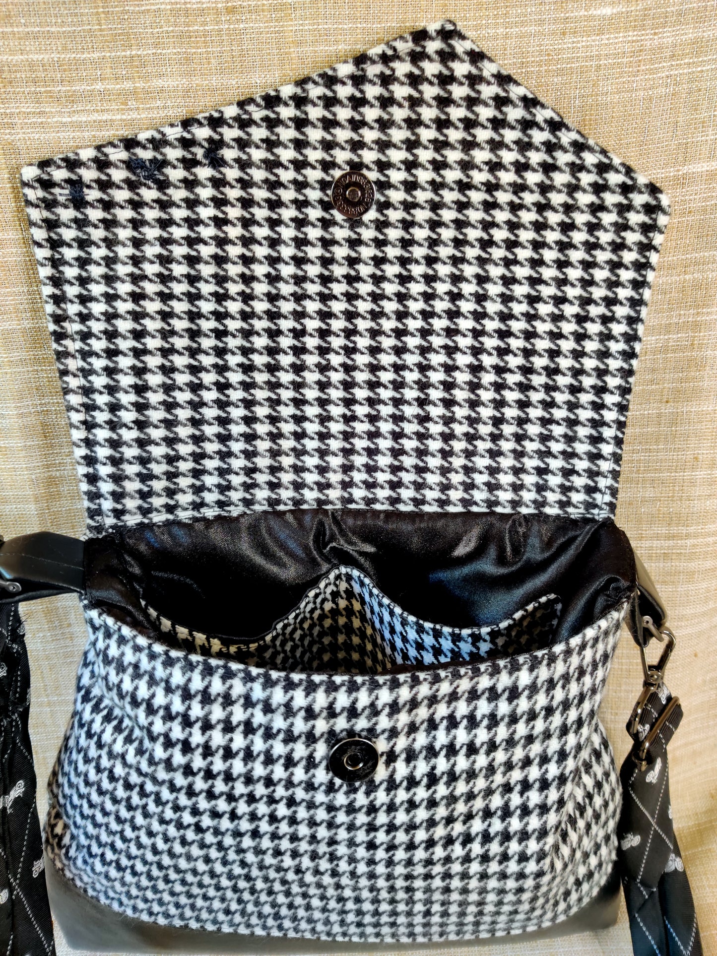 Handmade Messenger Bag (9" x 12"), featuring Black Hounds Tooth and Vintage Motorcycle Tie Strap
