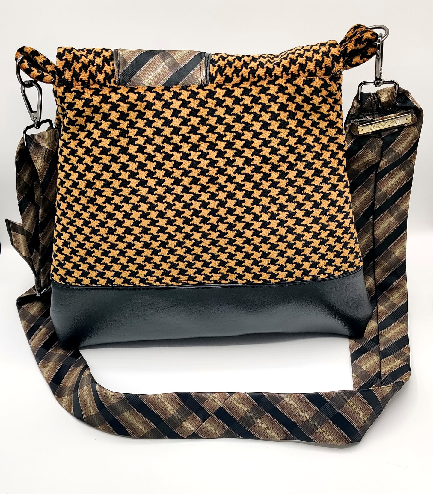 Handmade Messenger Bag (9" x 12"), featuring black and tan houndstooth fabric, vintage Imani Uomo tie strap