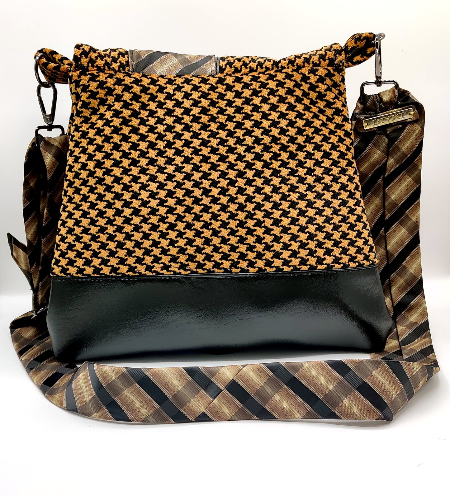 Handmade Messenger Bag (9" x 12"), featuring black and tan houndstooth fabric, vintage Imani Uomo tie strap