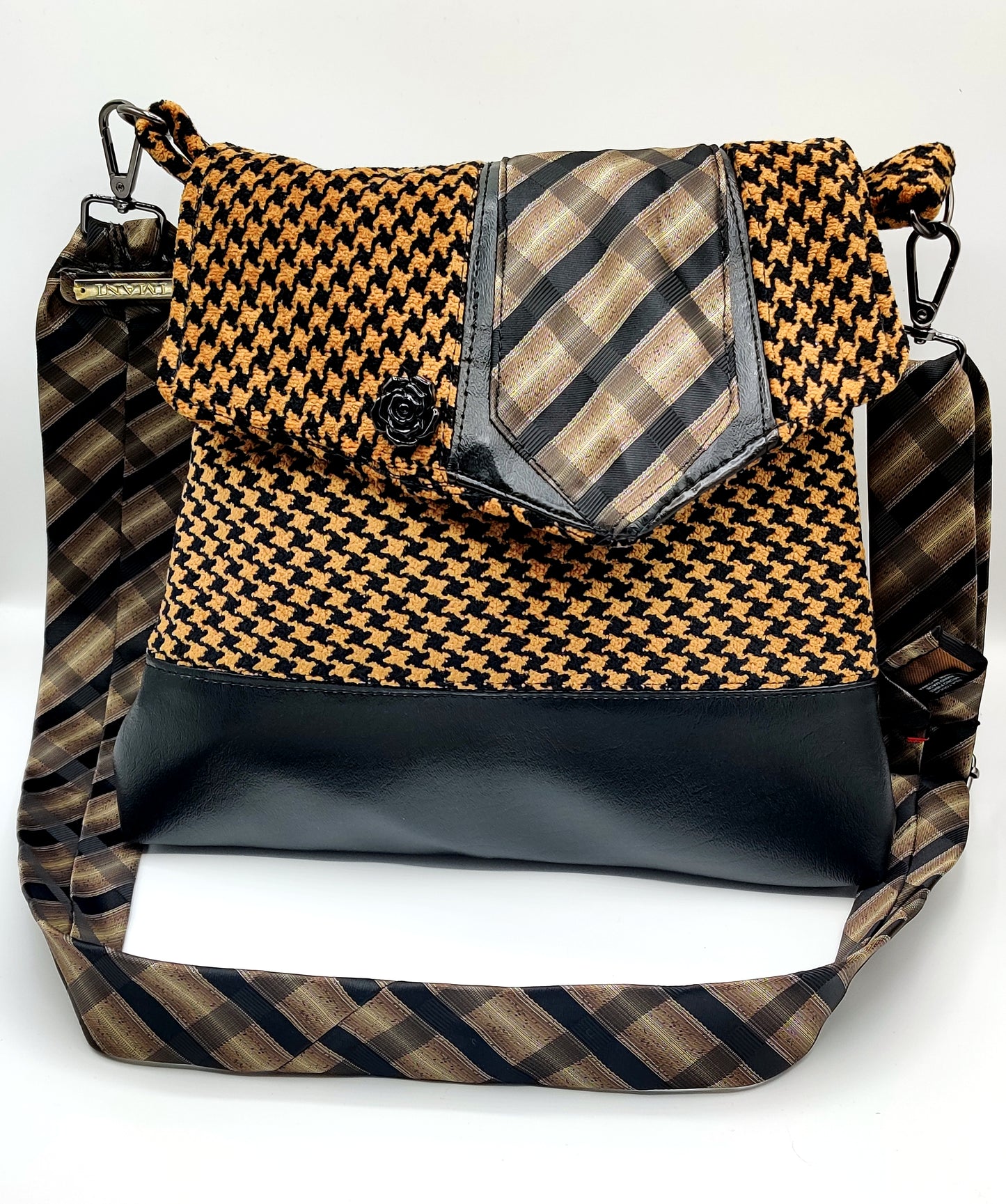 Handmade Messenger Bag (9" x 12"), featuring black and tan houndstooth fabric, vintage Imani Uomo tie strap