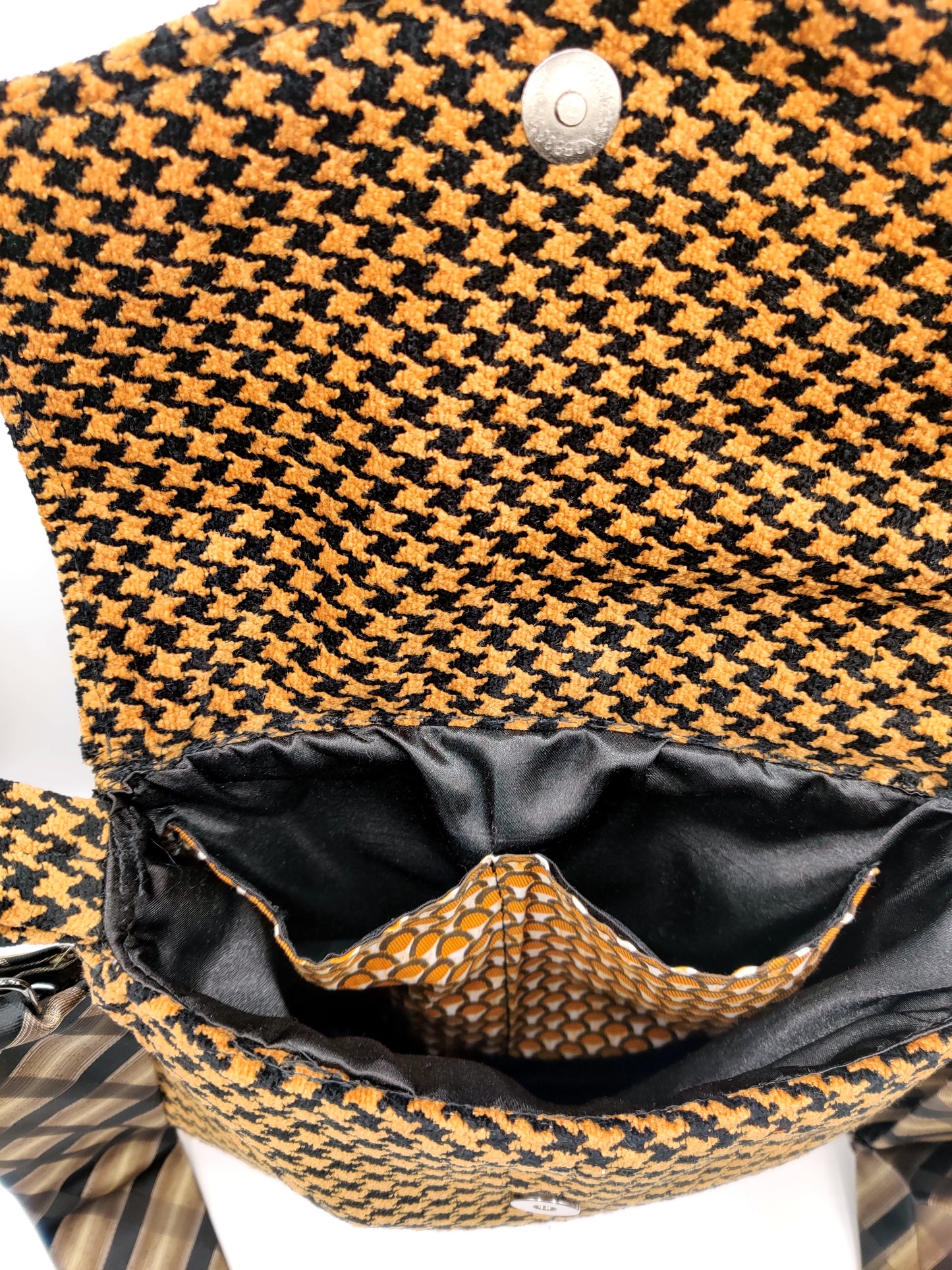 Handmade Messenger Bag (9" x 12"), featuring black and tan houndstooth fabric, vintage Imani Uomo tie strap