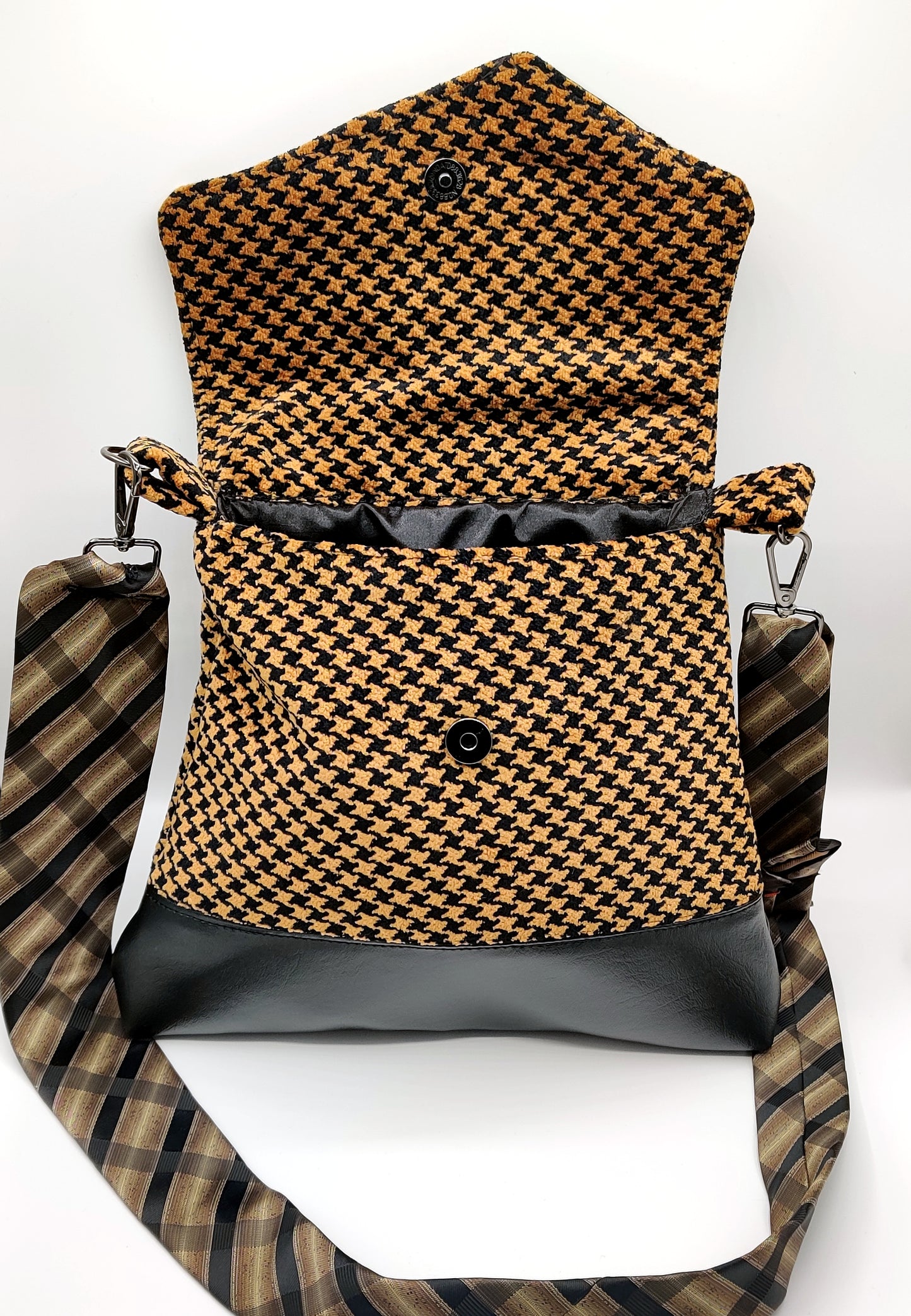 Handmade Messenger Bag (9" x 12"), featuring black and tan houndstooth fabric, vintage Imani Uomo tie strap