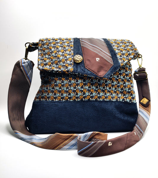 Handmade Messenger Bag (9" x 12"), featuring navy, blue, and gold checkered tweed fabric, vintage Pierre Cardin tie strap