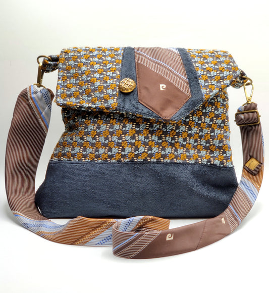 Handmade Messenger Bag (9" x 12"), featuring navy, blue, and gold checkered tweed fabric, vintage Pierre Cardin tie strap